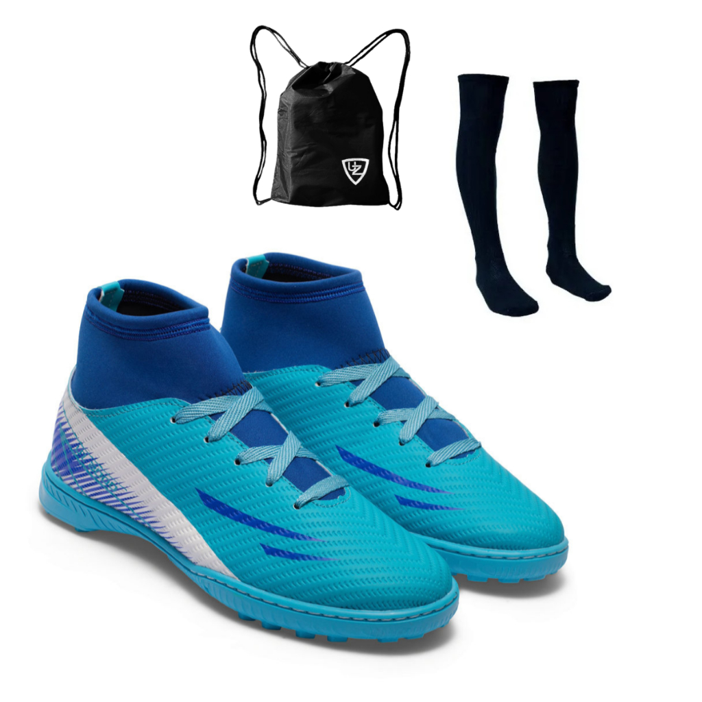 Chuteira Society UZ 2000 Botinha Cano Alto Adulto Uzze Sport Tração Máxima + Meião Mochila