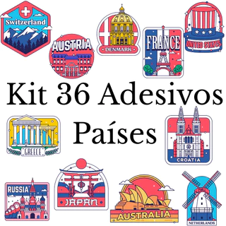 Kit 36 Adesivos Personalizado Países caderno, mala, agenda, notebook, copo, garrafa, à prova d'água.