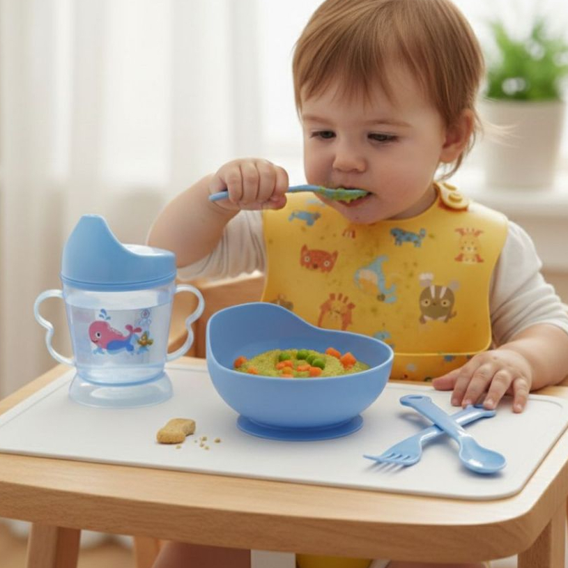 Kit Papinha Bebê 4 Peças: Tigela + Copo com Alça + Garfo e Colher - Ideal para Introdução Alimentar Envio Aleatorio