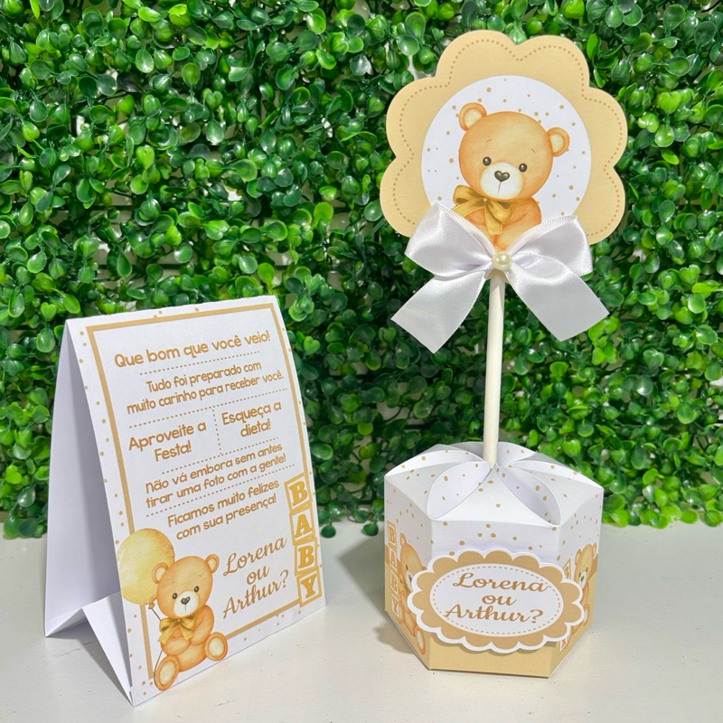 Kit Centro de mesa Chá Revelação Ursinho bebê Bege | Personalizado | Enfeite Cachepô | Decoração