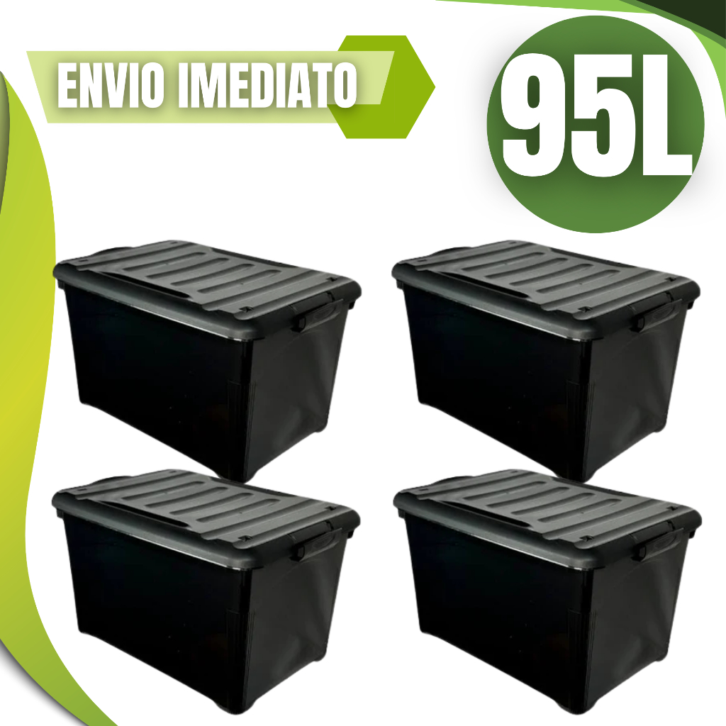 Kit 04 Unidades Caixa organizadora 95 Litros Com Trava e Rodinha Empilhavel