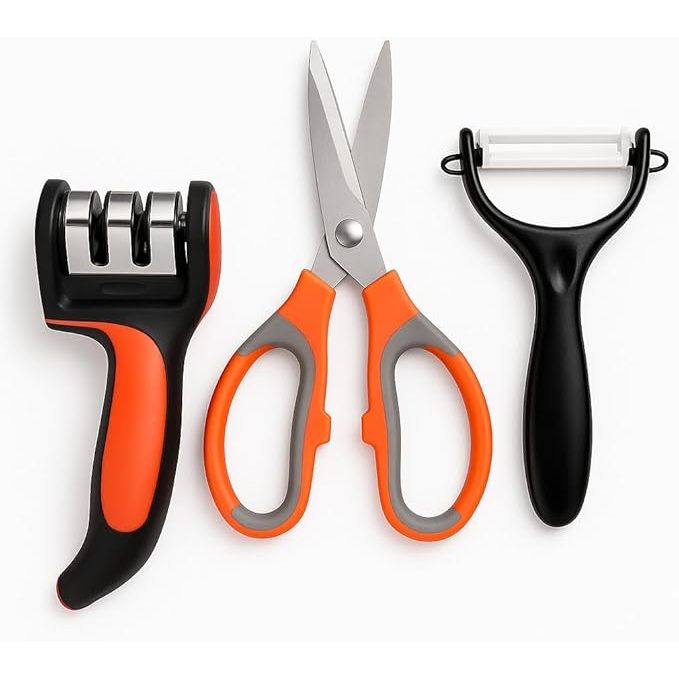 KIT 3 EM 1 COM DESCASCADOR AFIADOR DE FACAS E TESOURA Moderno Luxo Resistente Cozinha