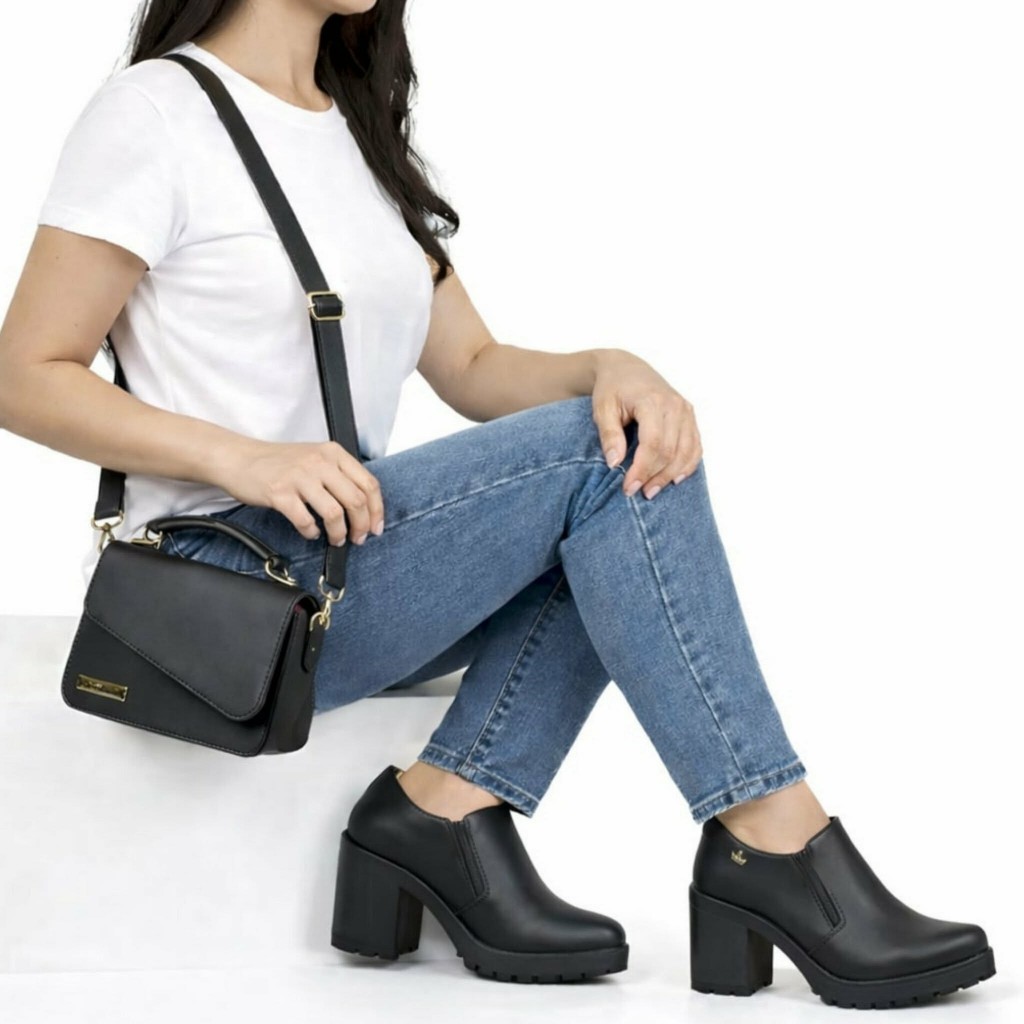 Kit Sapato Feminino Salto Grosso Tratorado + Bolsa Mini Bag Elegante Confortável Moda 2026