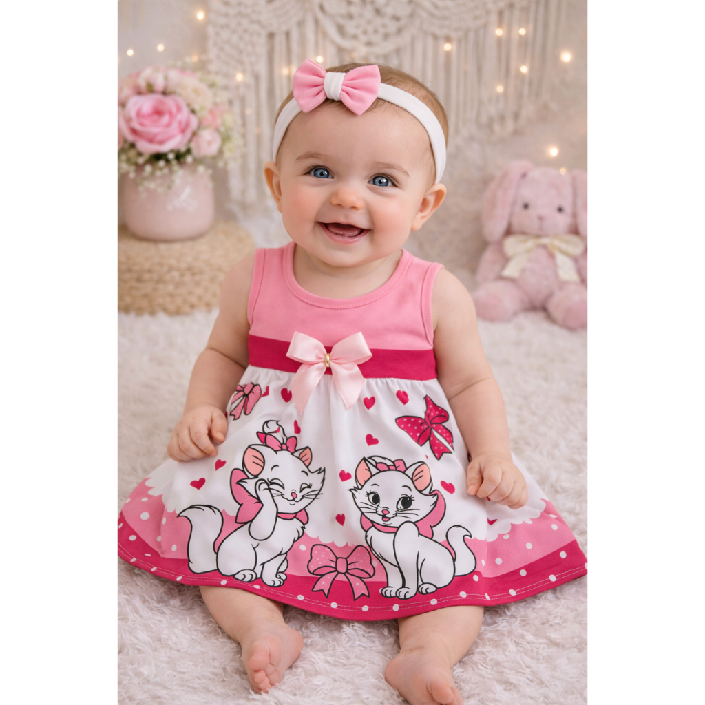 Vestido Infantil Bebê Temático Gatinha Marie Rosa Bebê e Pink Roupa Linda Recém-Nascida Mesversário