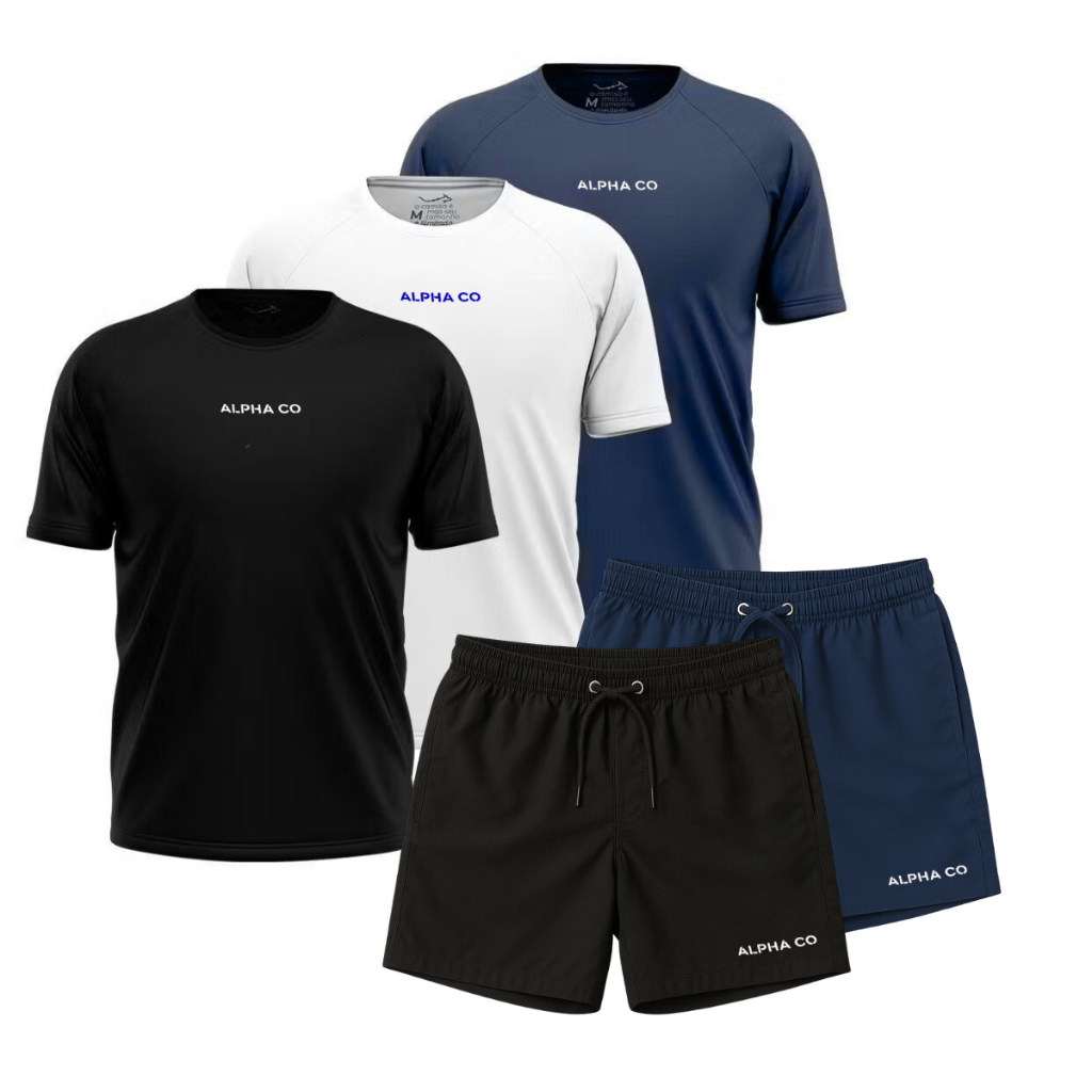 KIT 3 Camiseta + 2 Short Tactel Elastano Bermuda Dry Fit Masculina Alpha Co Lobo Wolf Geometrico Academia Original