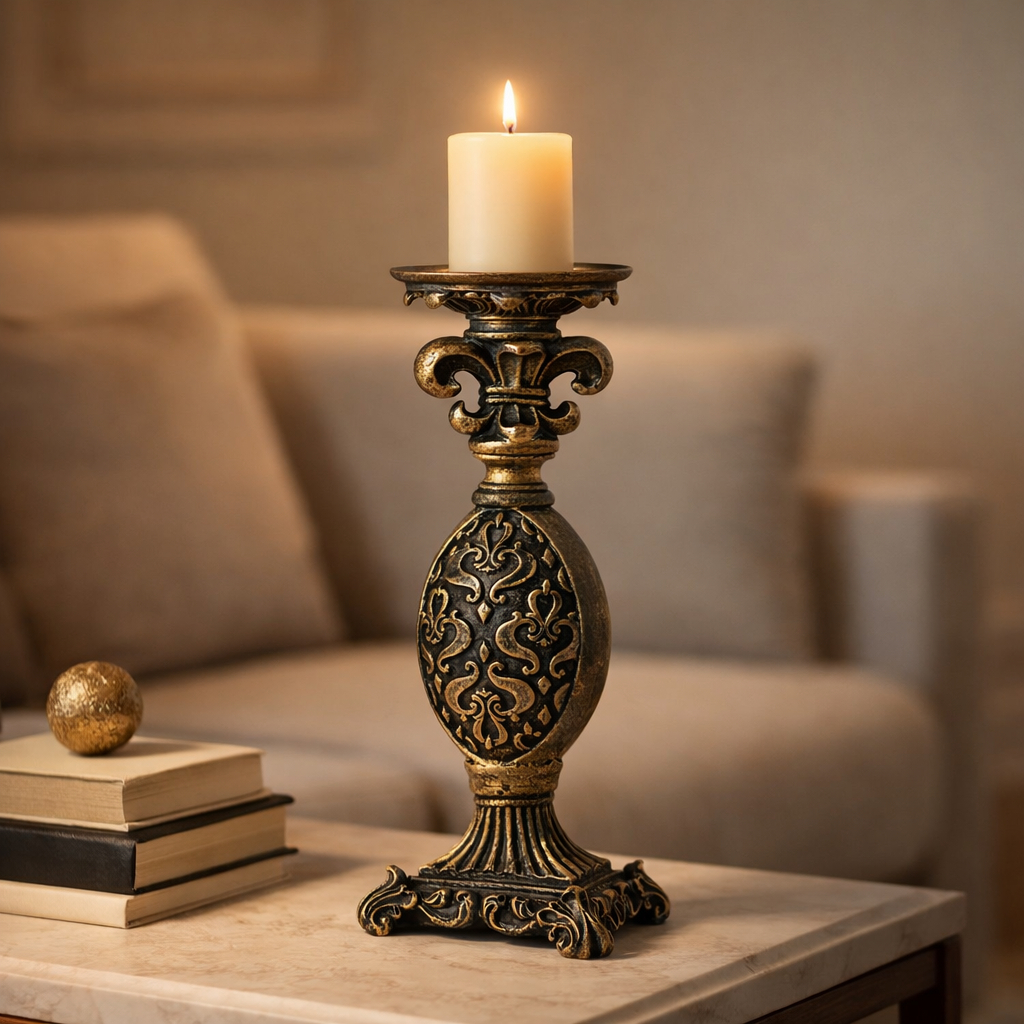 Castiçal Decorativo Porta Vela Luxo Dourado Vintage Resina Clássico Flor De Lis Mesa Sala Decoração