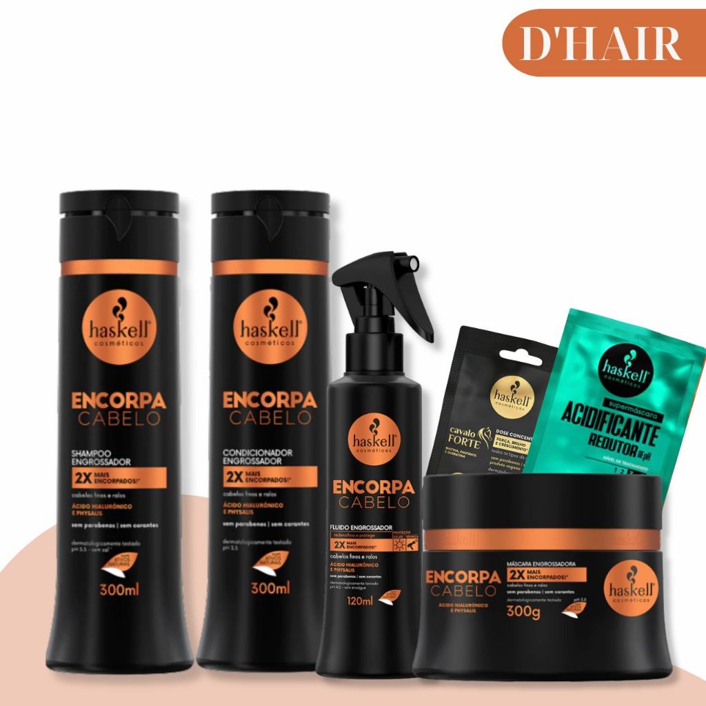 Kit Haskell Encorpa Cabelo Shampoo Condicionador Mascara 300ML/G Fluido 4 Itens