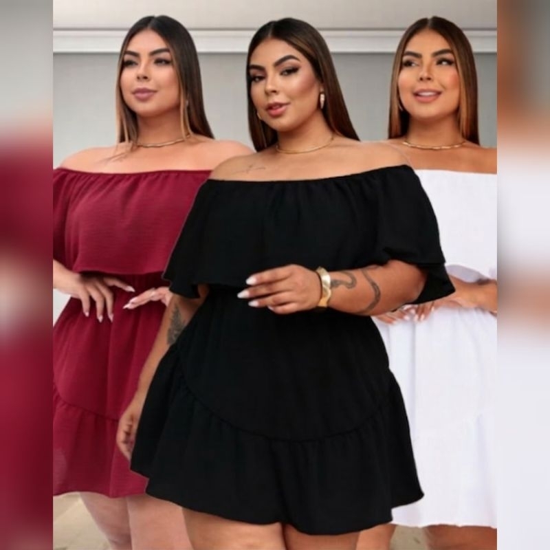 Macaquinho Plus Size Ombro a Ombro Short Saia Tecido Duna G1 G2 Vestido Feminino Casual Praia