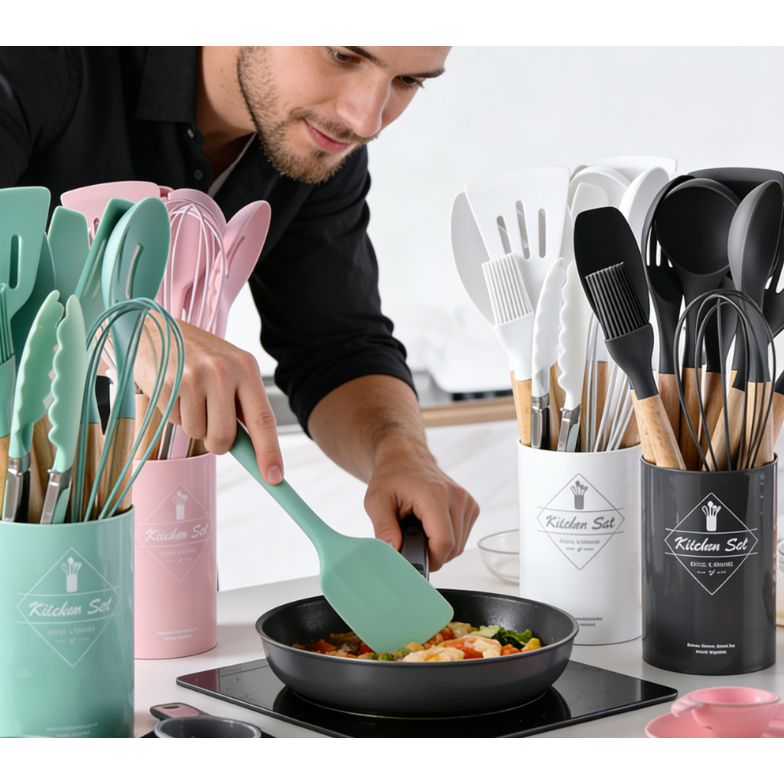 Kit 12 Utensílios de Cozinha em Silicone e Bambu – Novo 2025