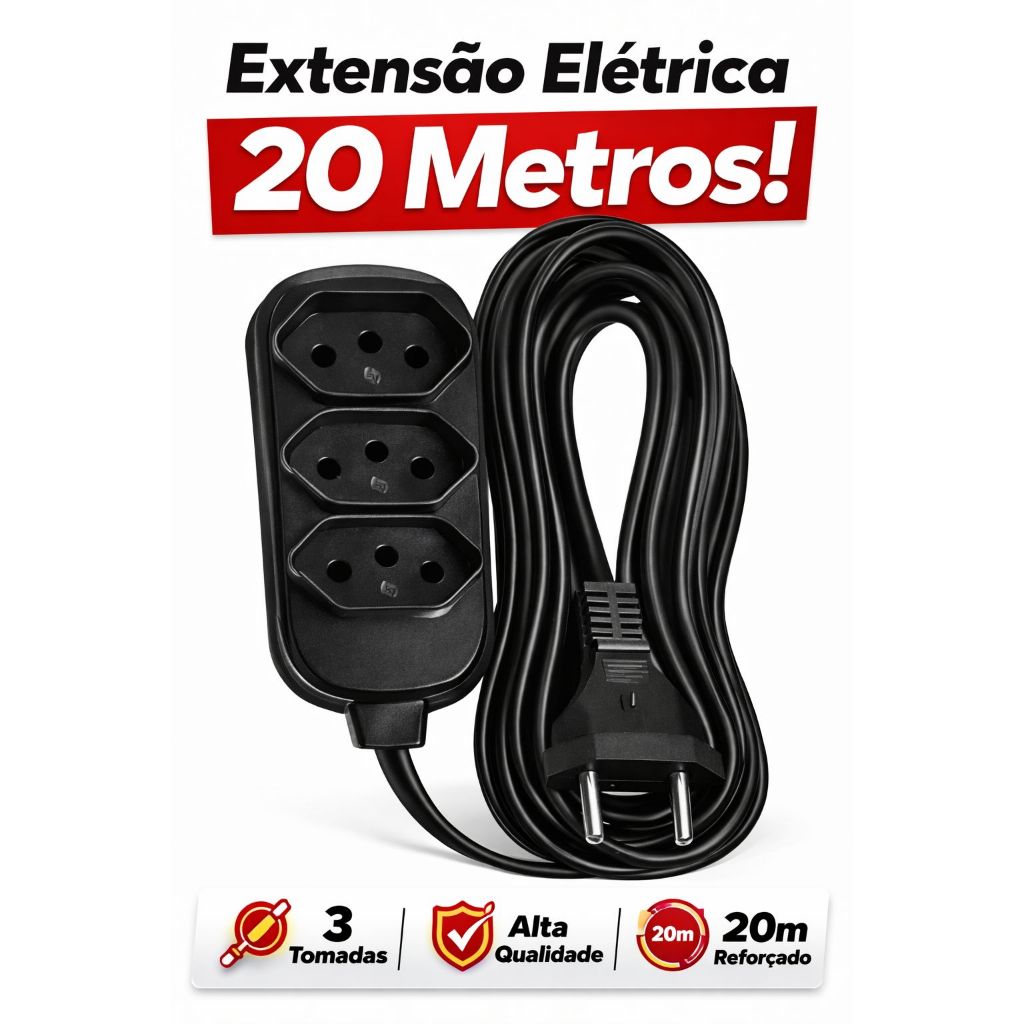 Extensão Eletrica de 20 Metros PP 2x1,0 com 3 Tomada Bivolt