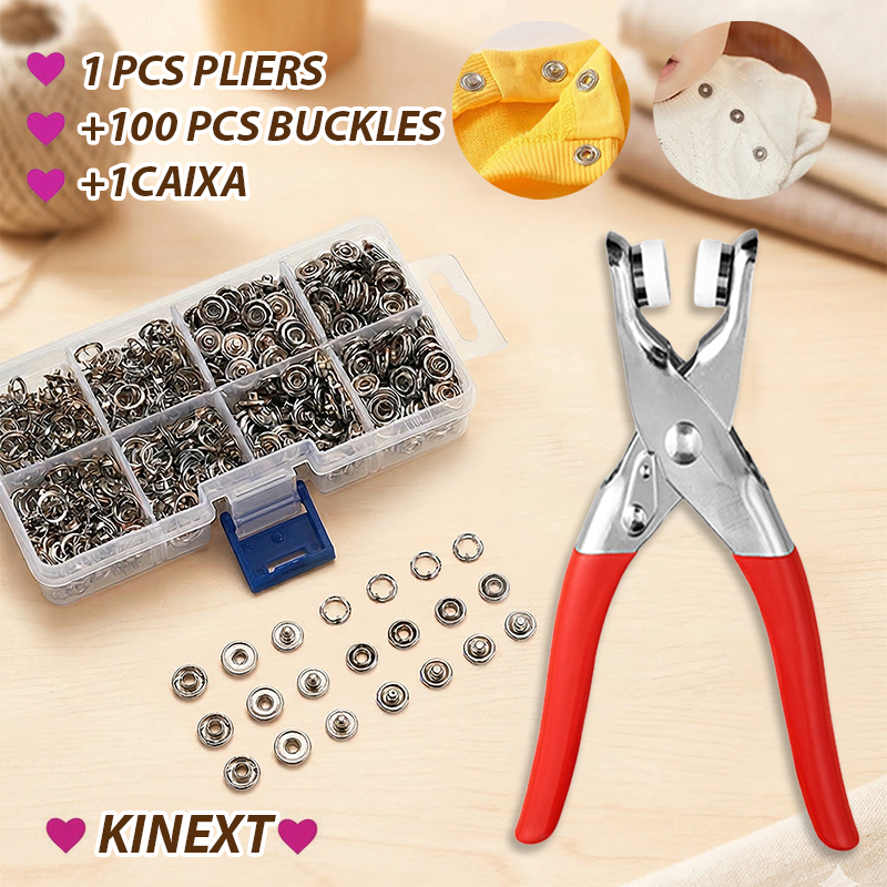 Alicate Aplicador Para Botao De Metal De Pressao Roupa Bebe com 100 botões de roupas