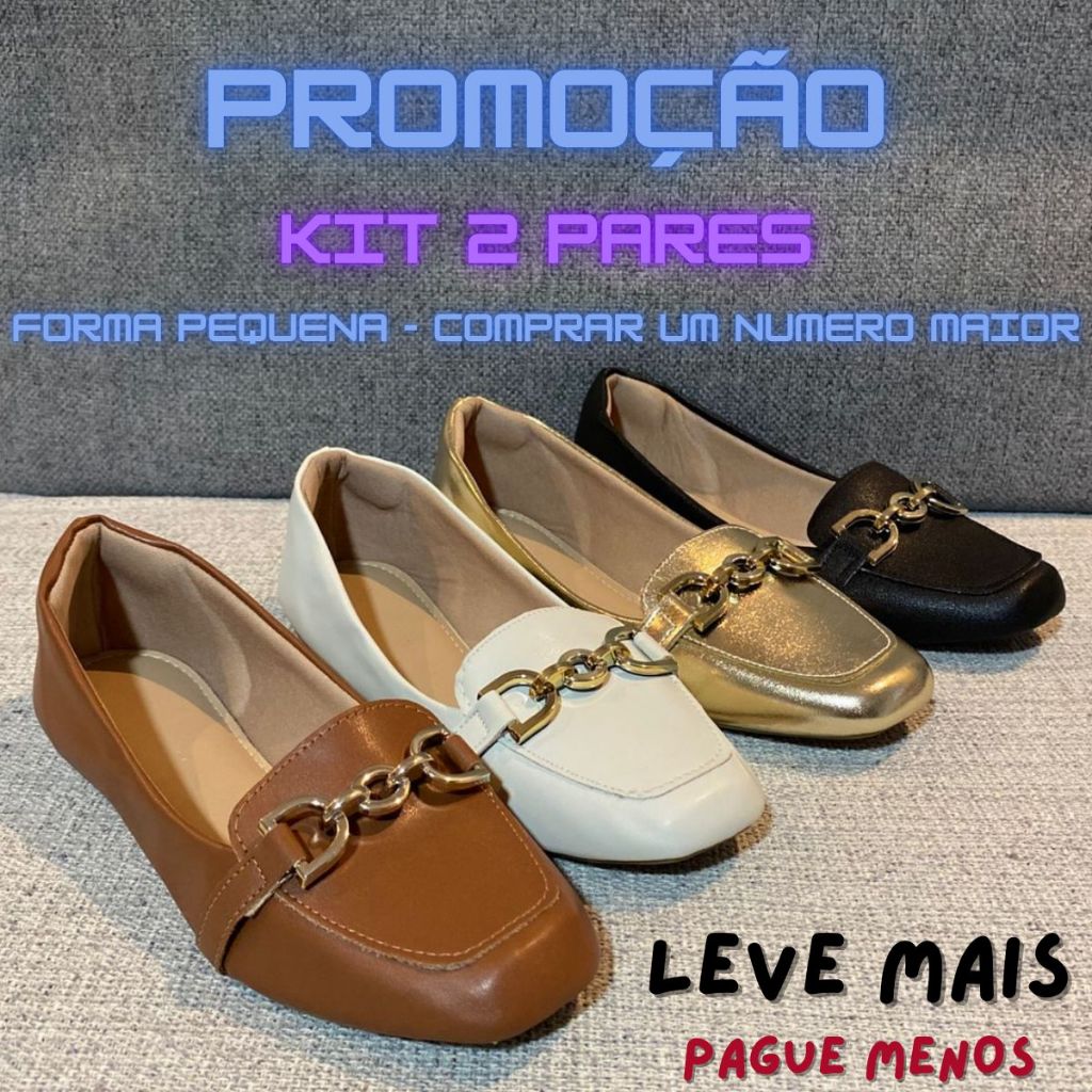 Kit 2 pares Sapatilha Mocassim Feminino Confortável Bico Quadrado Enfeite Elegante