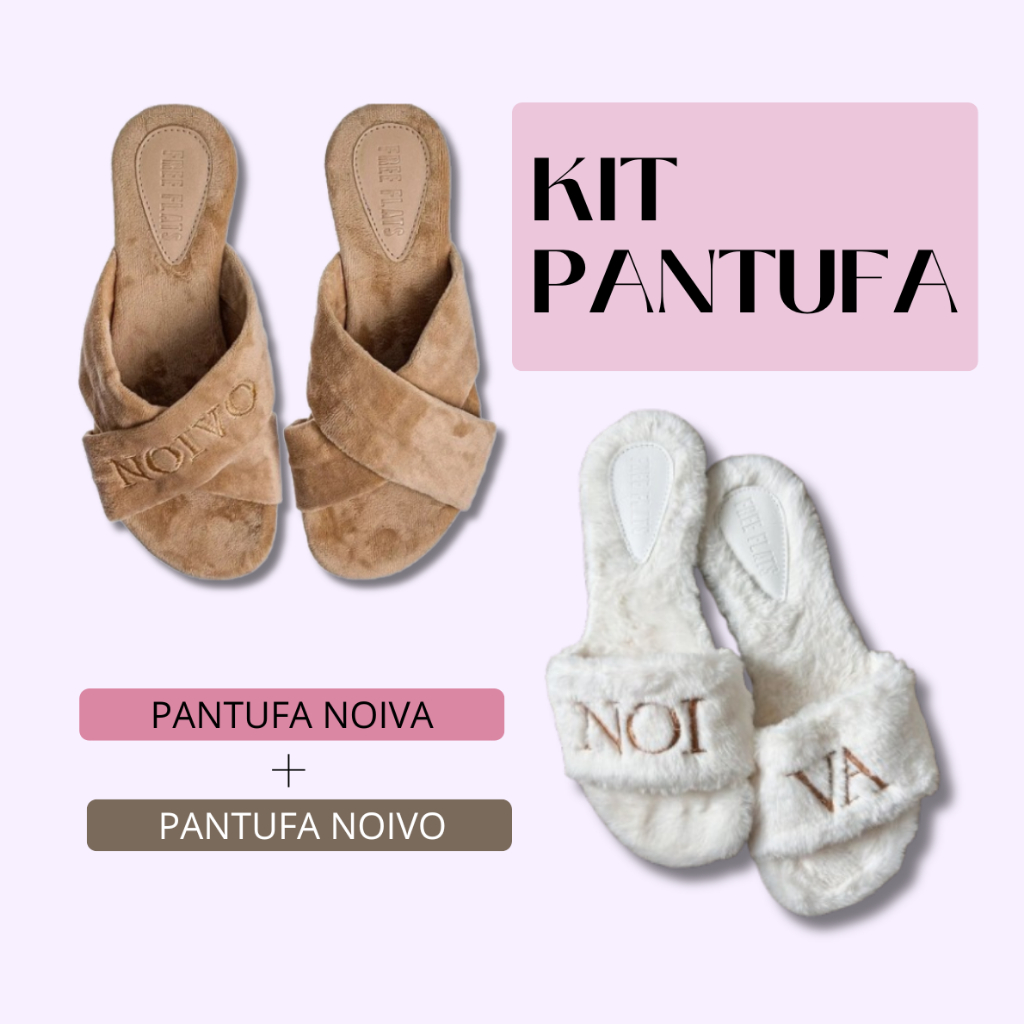 Kit Personalizado Pantufa Noiva Pelúcia + Pantufa Noivo Veludo Casamento Rasteira Confortável