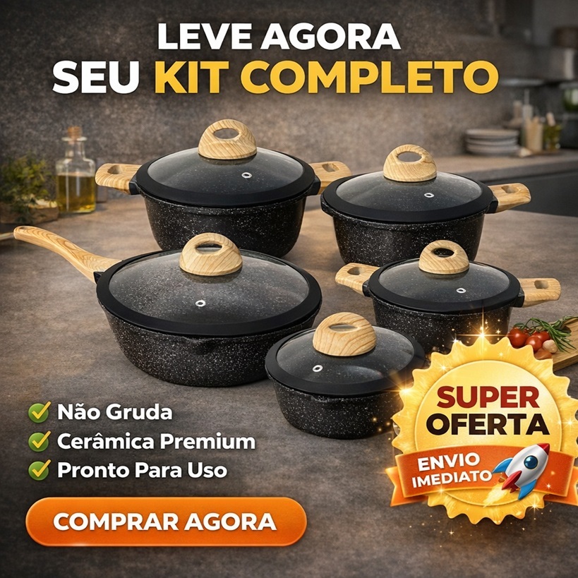 Jogo de Panelas Antiaderente Cerâmica 5 Peças Preto Granito com Tampa de Vidro
