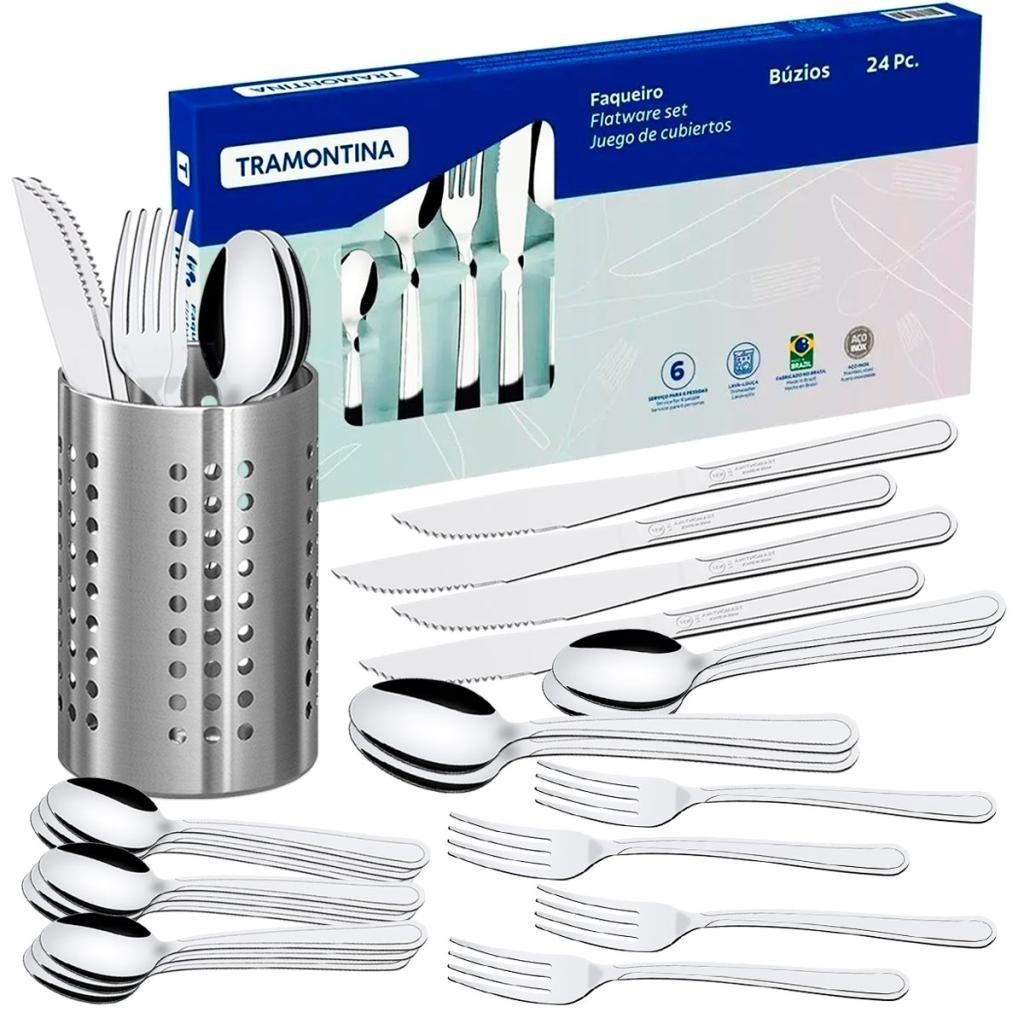 Faqueiro Tramontina Búzios em Aço Inox 24 Peças com Porta Talheres em Oferta na Shopee