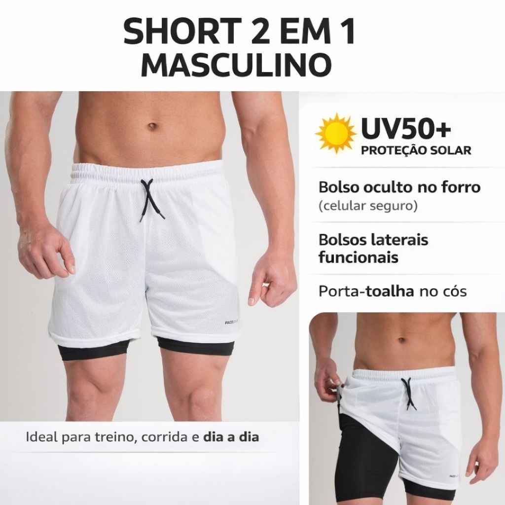 Bermuda Dupla Treino Masculina Academia 2em1 Dry fit Shorts Compressão com Bolso Oculto Proteção Uv