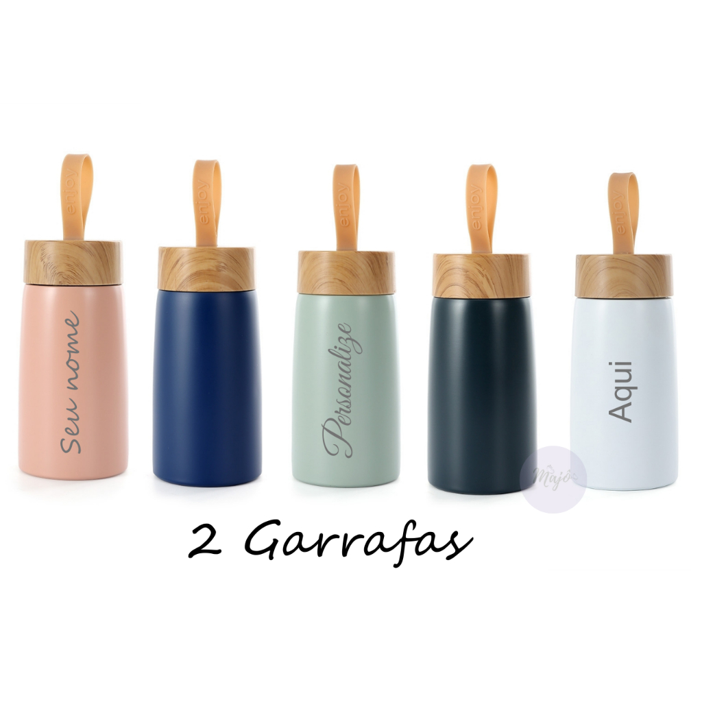 kit 2 Mini Garrafas Inox 250 ml parede dupla personalizadas tampa design bambu alça lancheira/bolsa