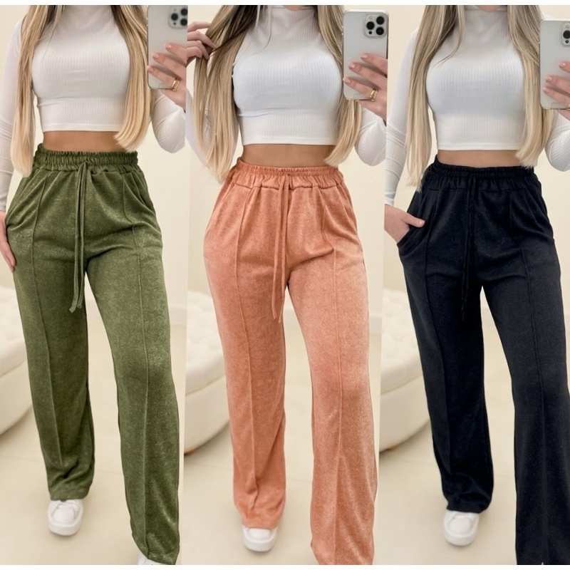 Calça Pantalona Lanzinha Feminina Cintura Alta Com Elastico De e Bolso Outono / Inverno Promoção moda 2026 Linda moda