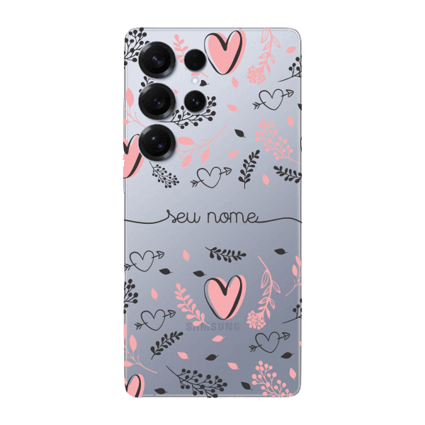 Capinha para Samsung S25 Ultra Anti Impacto Personalizada - Coração e Folhas rose com nome