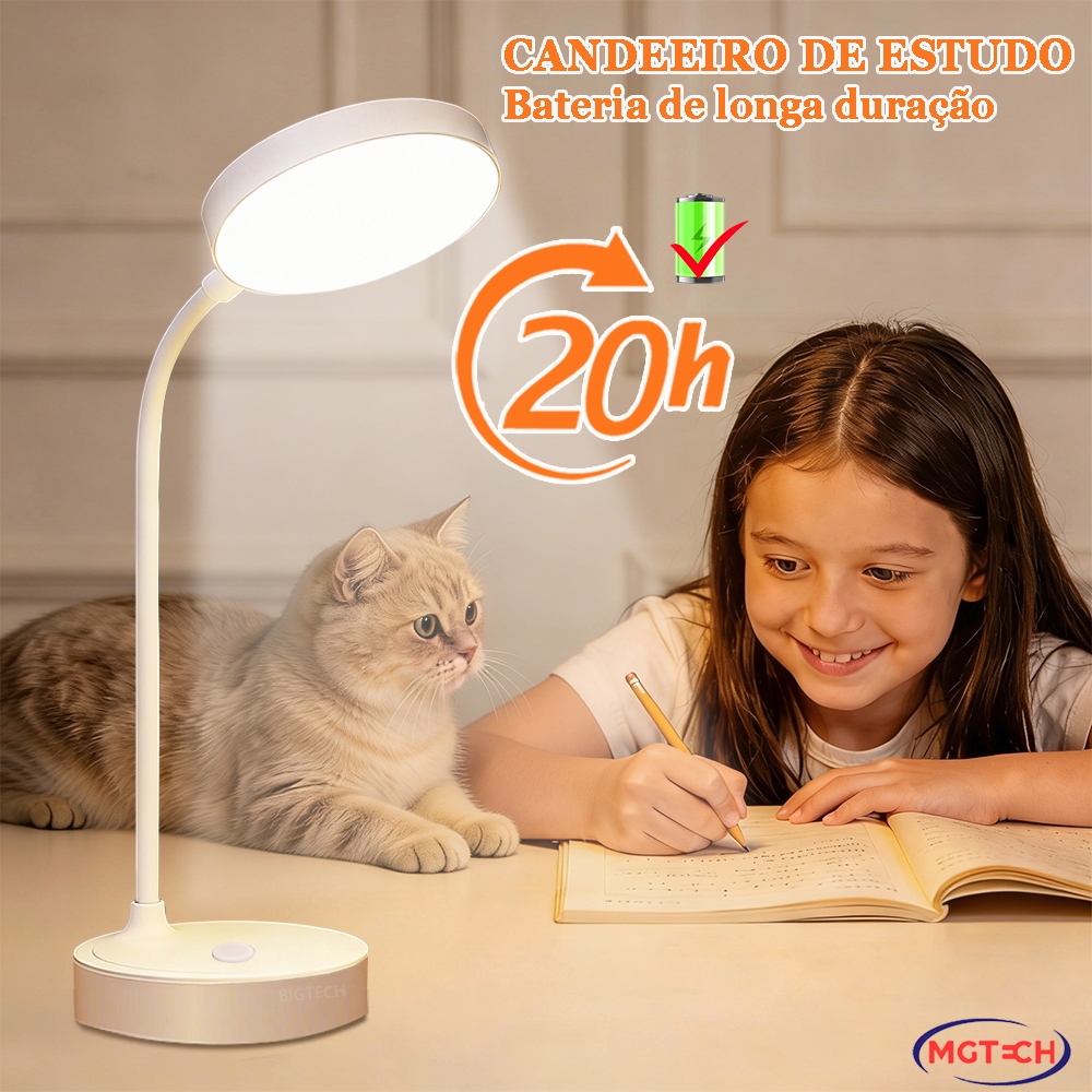 Luminária De Mesa Abajur LED Flexível Leitura Lampada 3 Níveis Bivolt Recarregável Usb Botão Touch