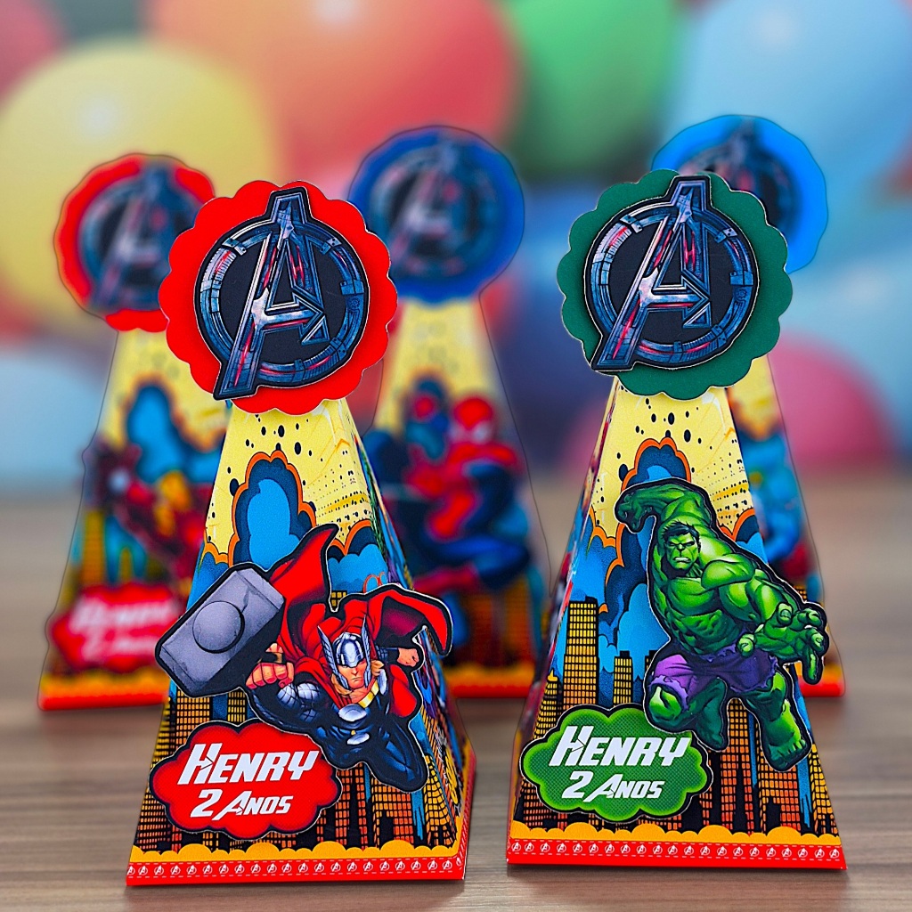 Caixinha Pirâmide Cone Vingadores Personalizada Lembrancinha Aniversário Infantil Festa Heróis 3D