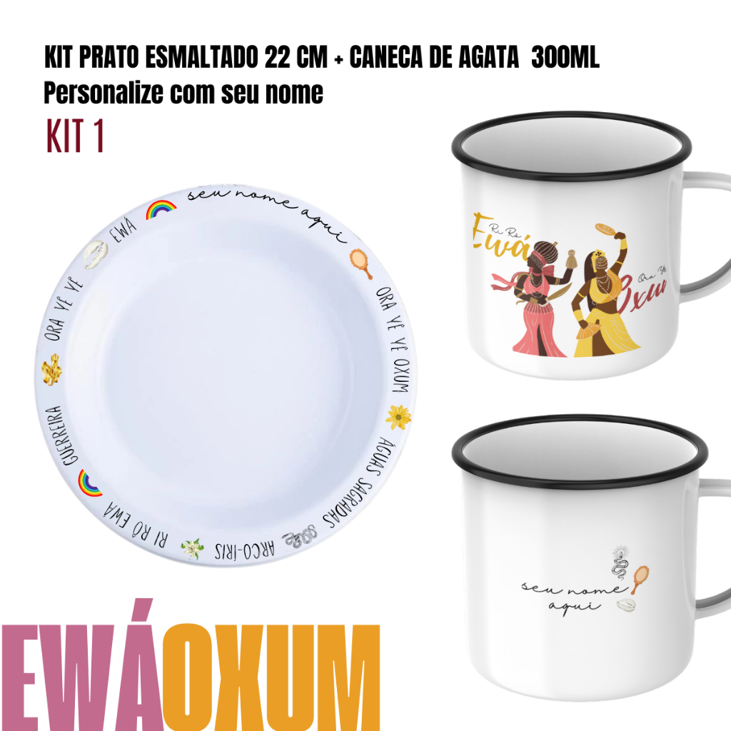 🪶 KIT CANECA DE ÁGATA + PRATO PERSONALIZADO DE OXUM E EWÁ | UMBANDA • CANDOMBLÉ • RELIGIÃO AFRO-BRASILEIRA