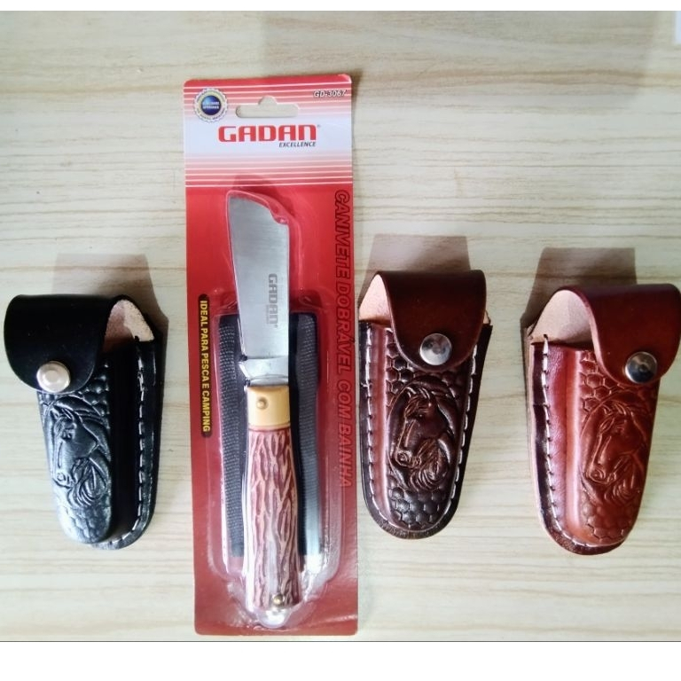 Canivete+ Bainha de Couro Legitimo Canivete Em Aço Inox  Cabo Imita Osso Médio 18cm Bainha 3 Cores Preto, Caramelo, Café