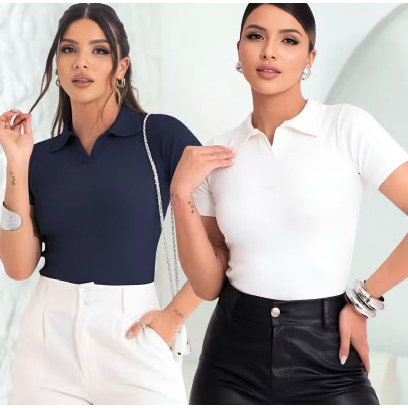 KIT 2 BLUSA GOLA POLO MODA FEMININA BÁSICO CASUAL SOCIAL TRABALHO RIBANA ALGODÃO MANGUINHA VERÃO DIA A DIA ELEGANTE
