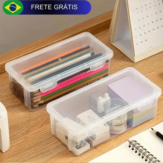 Organizador de mesa escritório para lápis caneta papelaria plástico multiuso com tampa e trava