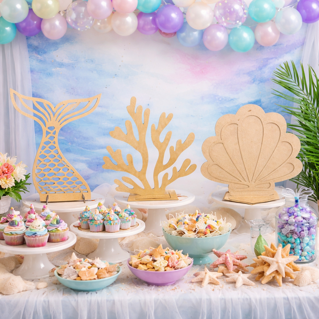 Kit Painel Fundo Do Mar Cauda Sereia Vazado Concha E Alga Em Mdf Crú Decoração
