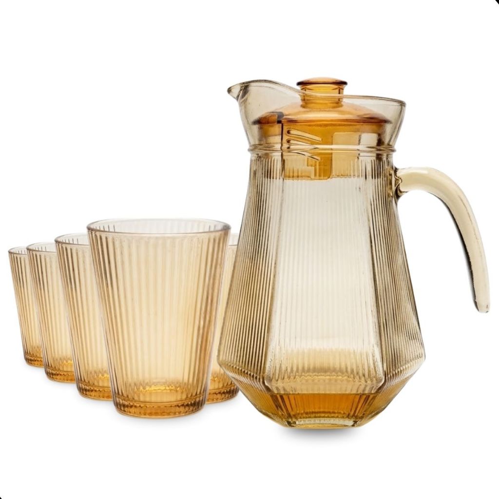 Conjunto de 1 Jarra de Vidro Âmbar com Tampa e 6 Copos – 7 Peças – Design Sofisticado e Resistente