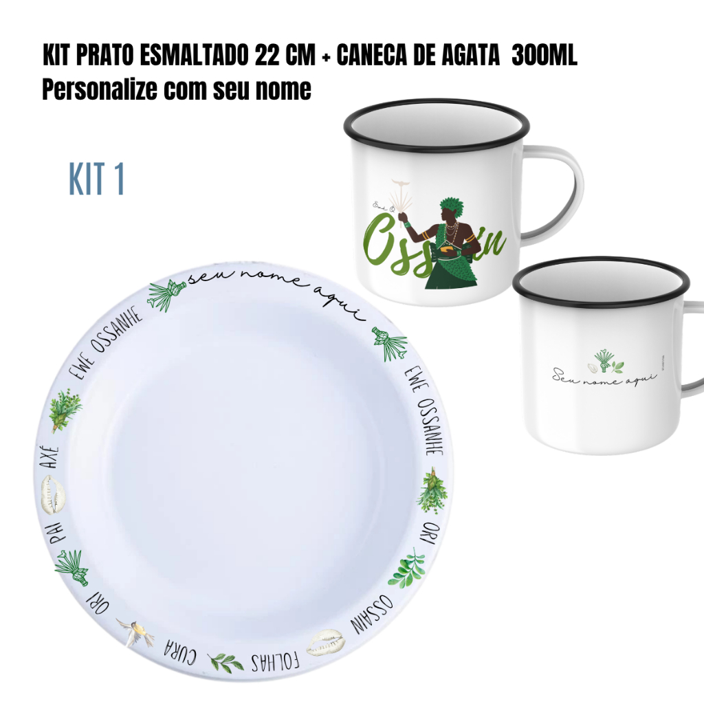 🪶 KIT CANECA DE ÁGATA + PRATO PERSONALIZADO DE OSSAIN | UMBANDA • CANDOMBLÉ • RELIGIÃO AFRO-BRASILEIRA
