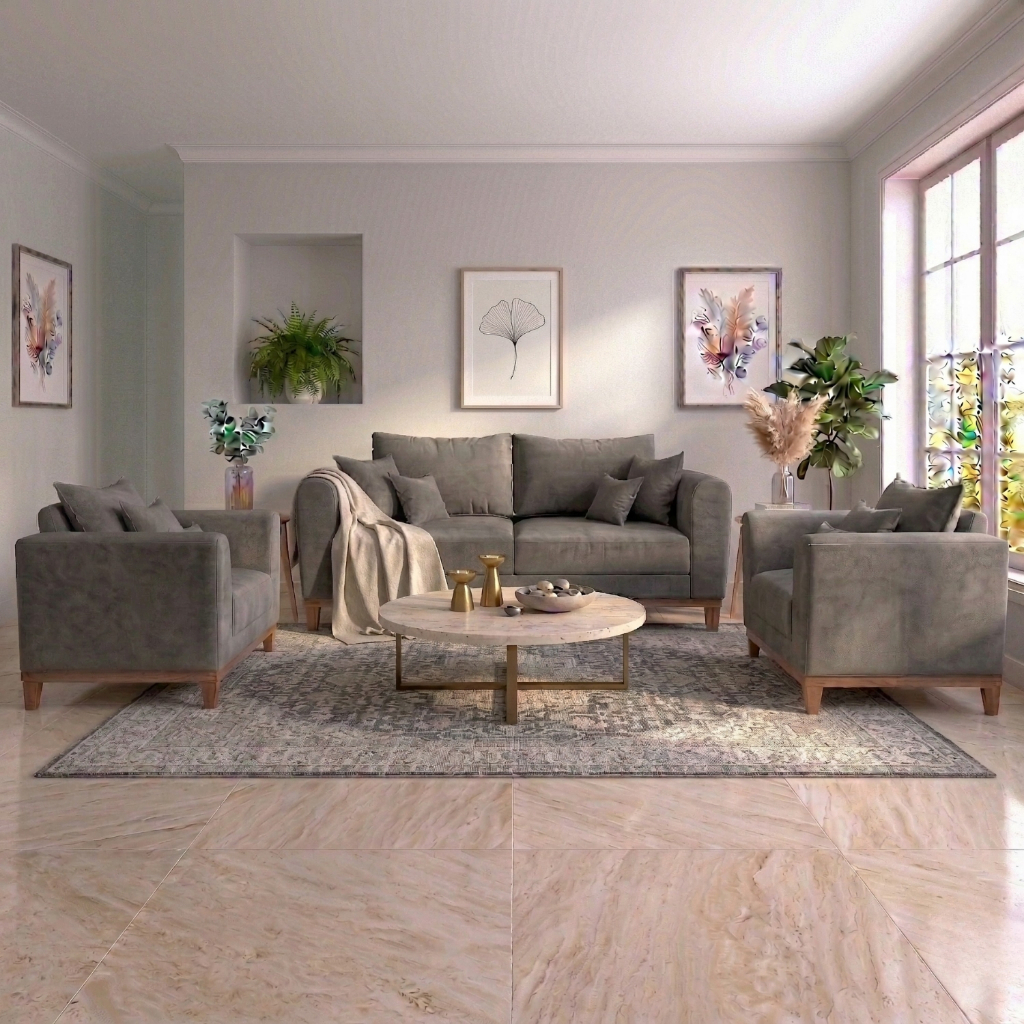 Kit Sofá 3 Lugares e Poltronas Sala de Estar Beny Suede Cinza