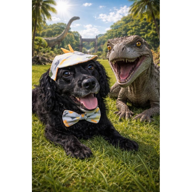 Boné Pet Dinossauro + Gravata Borboleta Ajustável PP ao GG Luxo Tricoline Confortável Cachorro