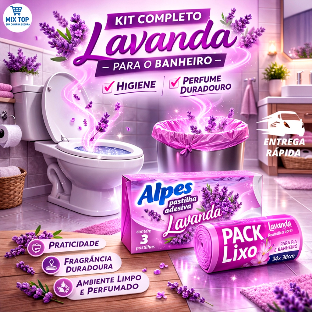 Kit Banheiro Lavanda Pastilha Adesiva (Alpes) + Saco de Lixo Perfumado Lavanda (Pack Lixo) Cheiro Duradouro Higiene