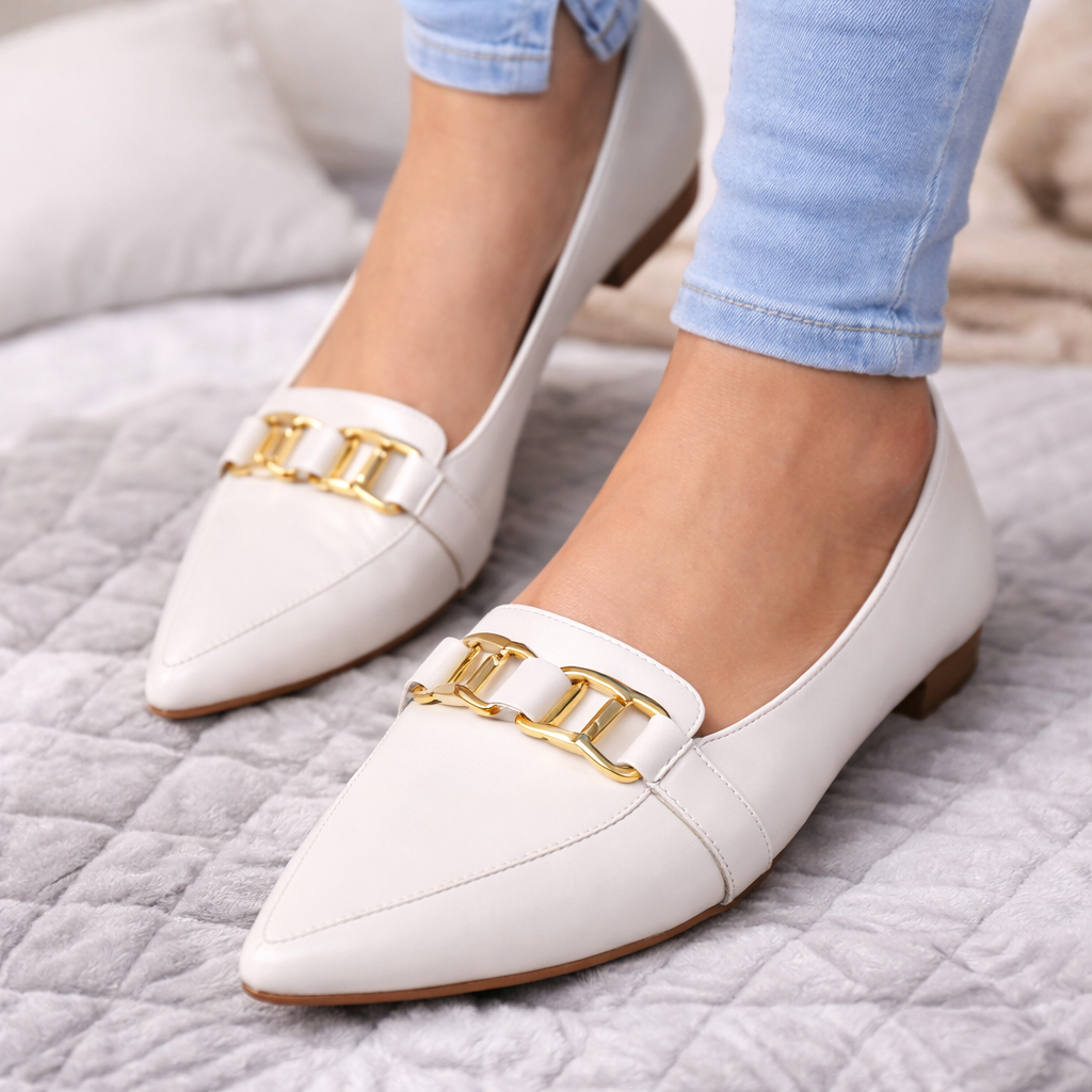 Sapato Branco Mocassim Feminino Sapatilha Bico Fino Off White Casual Feminina Sofisticado e Confortável