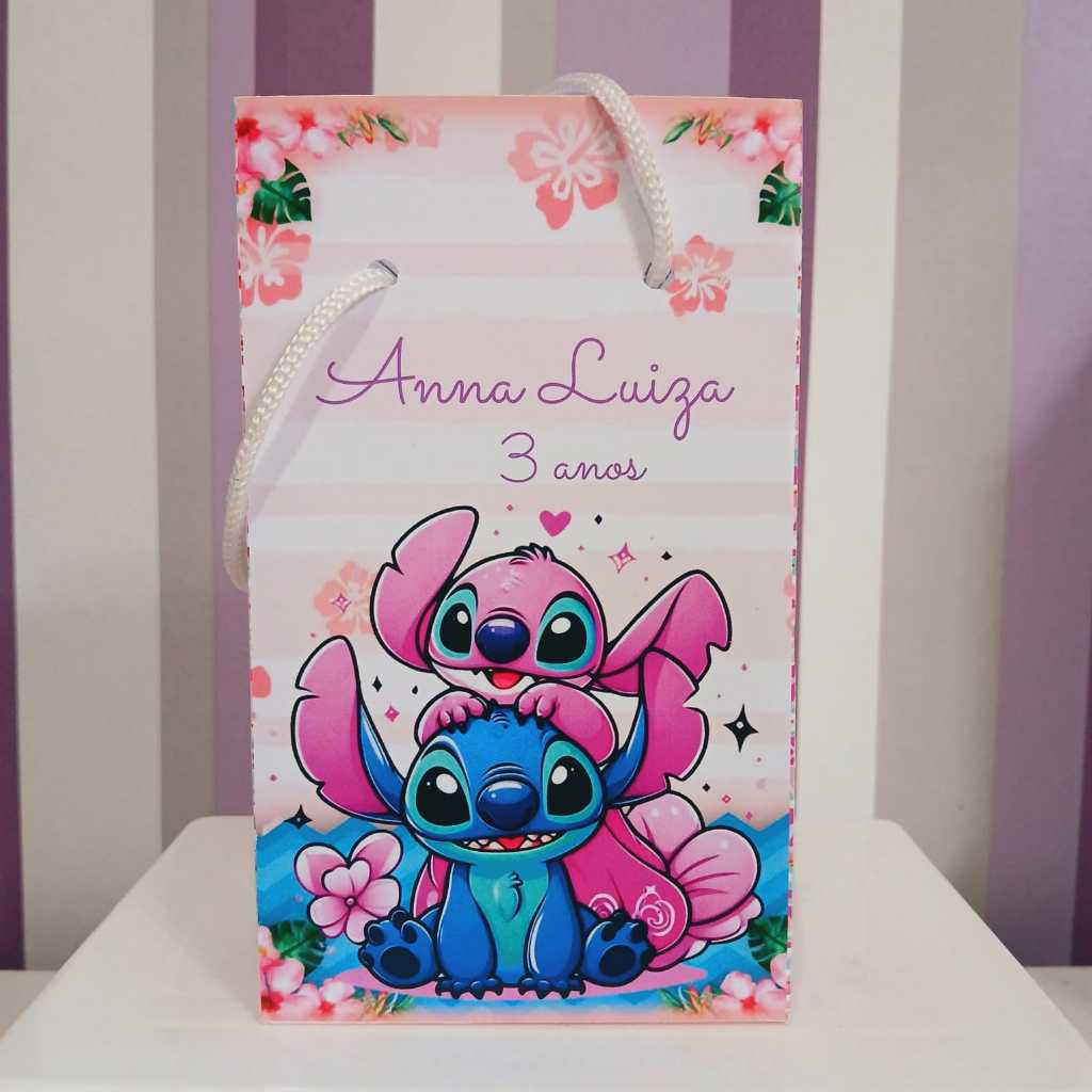 Sacolinha Surpresa Personalizada Stitch e Angel - Lembrancinha Aniversário - Tamanho P - PEGUE E MONTE