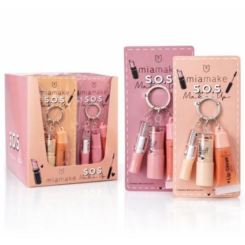 Kit Maquiagem S.O.S Miamake – Chaveiro Make Retoque Rimel sobrancelhas+ Gloss + Batom Mini