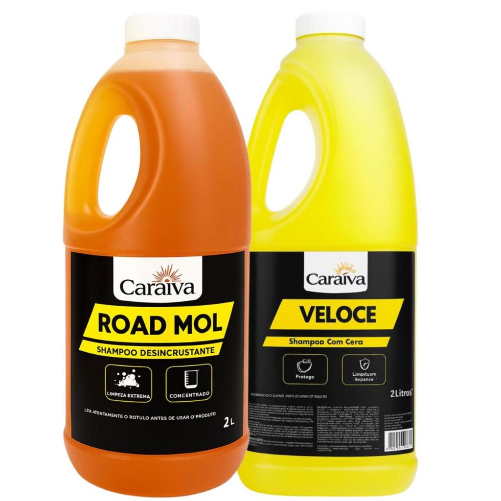 KIT LIMPEZA AUTOMOTIVA SHAMPOO ROAD MOL LIMPEZA PESADA + SHAMPOO COM CERA NEUTRO CONCENTRADO LIMPA E ENCERA O CARRO 2L