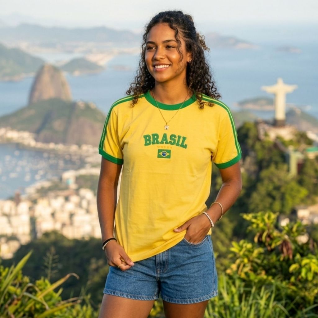 Camiseta Feminina Retrô do Brasil Bordada Malha Penteada Copa do Mundo