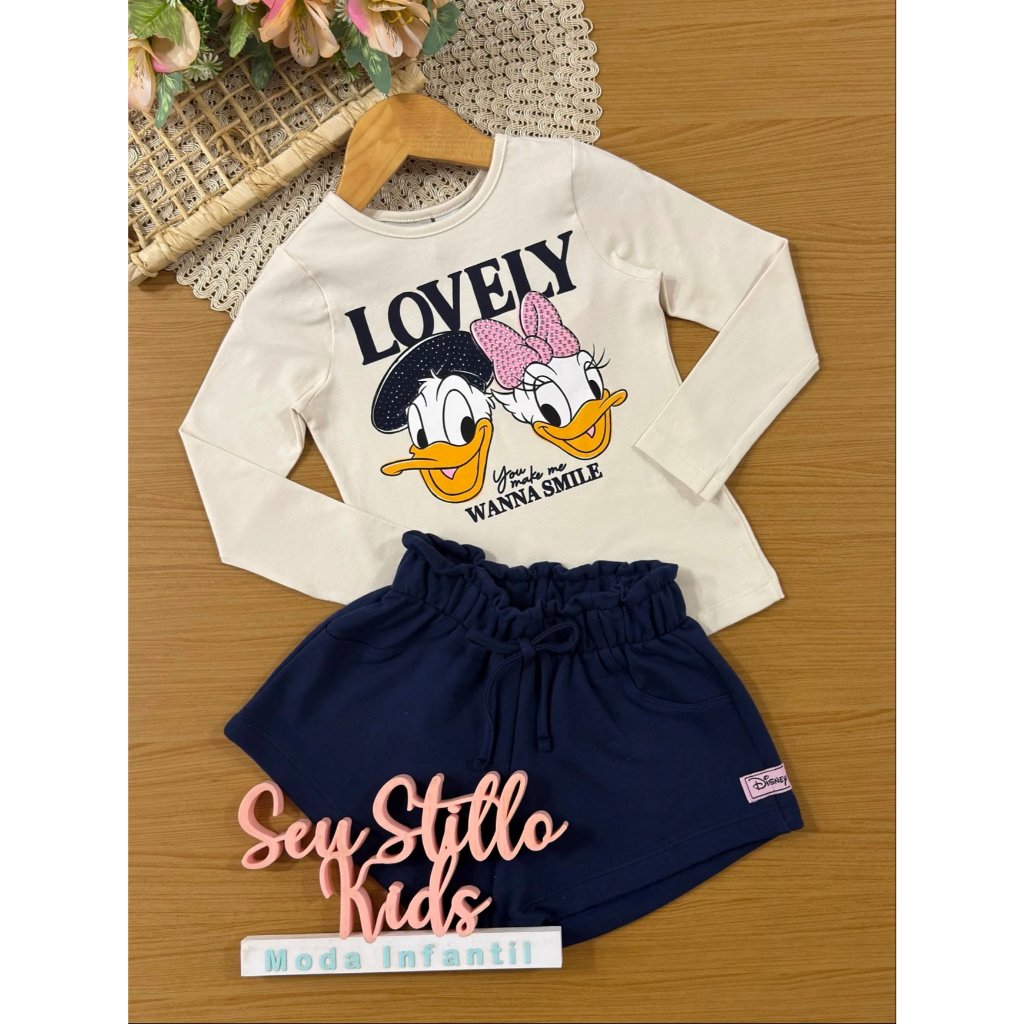 Conjunto Infantil Momi Inverno com Shorts e Blusa Manga Longa Bege Margarida e Donald Lovely
