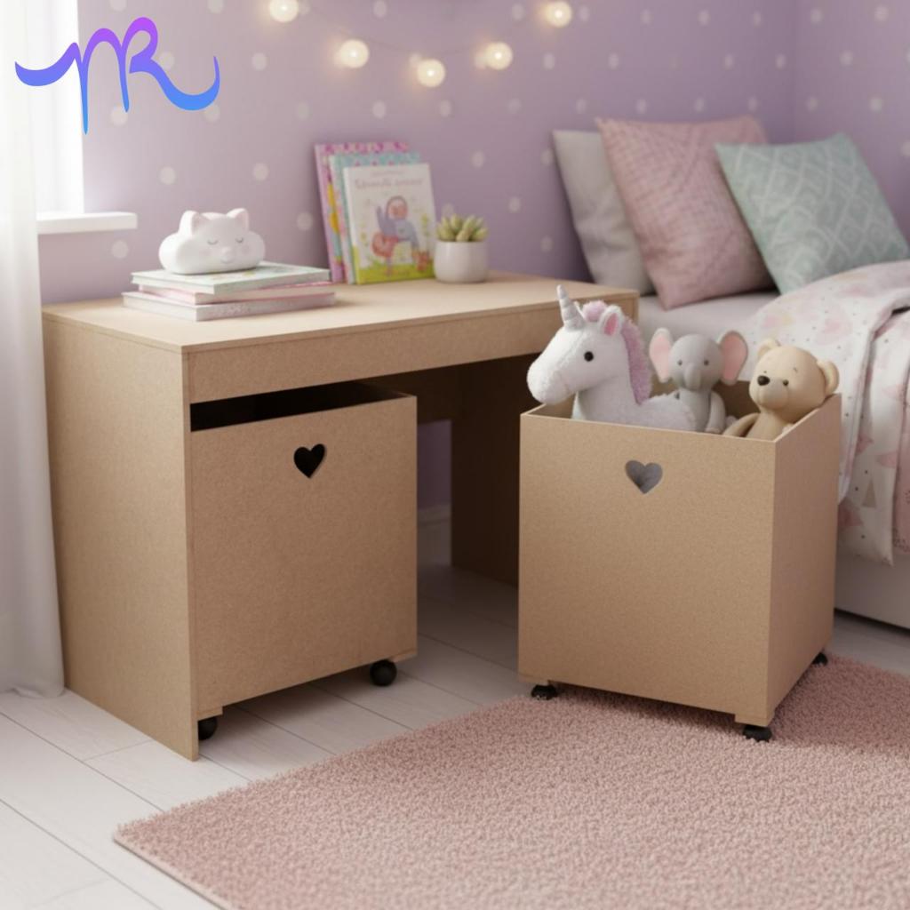 Organizador de Brinquedos Bancada G Infantil 2 Gavetas Com Rodinhas em MDF Cru