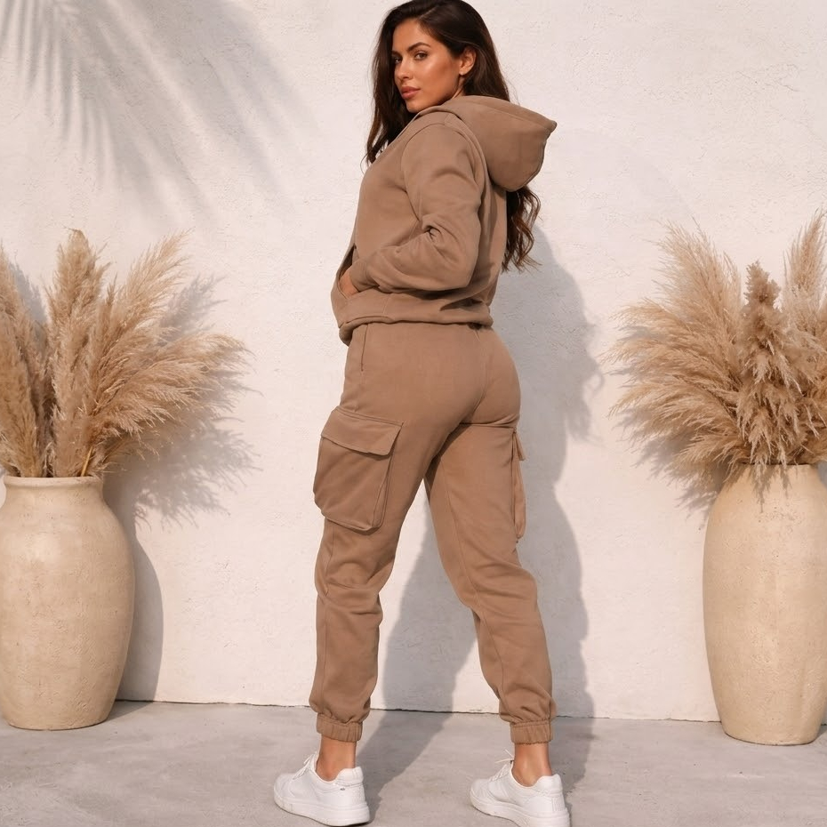 Conjunto Moletom Feminino com Capuz + Calça Cargo Confortável Bolso na Lateral