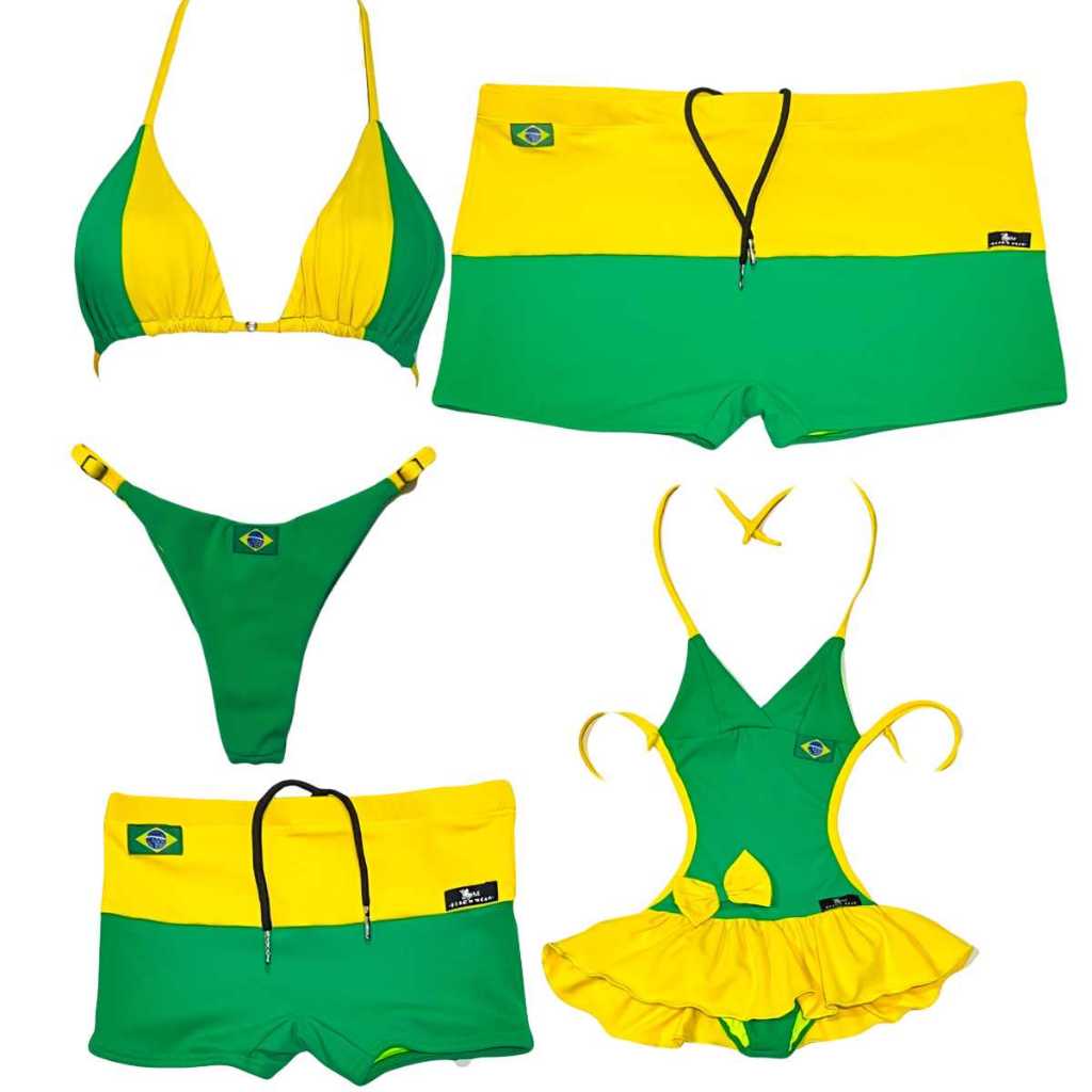 Monte Seu Kit Moda Praia Familia Brasil Copa 2026 Mae, Pai, Filha e Filho Maio Sunga Biquini Proteção UV