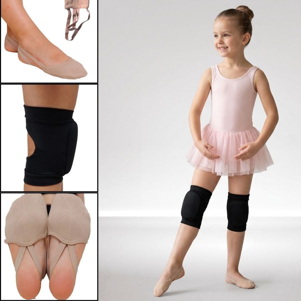 Kit Joelheira Acolchoada Preta e Sapatilha Bege para Ginástica Rítmica e Artística Infantil Juvenil