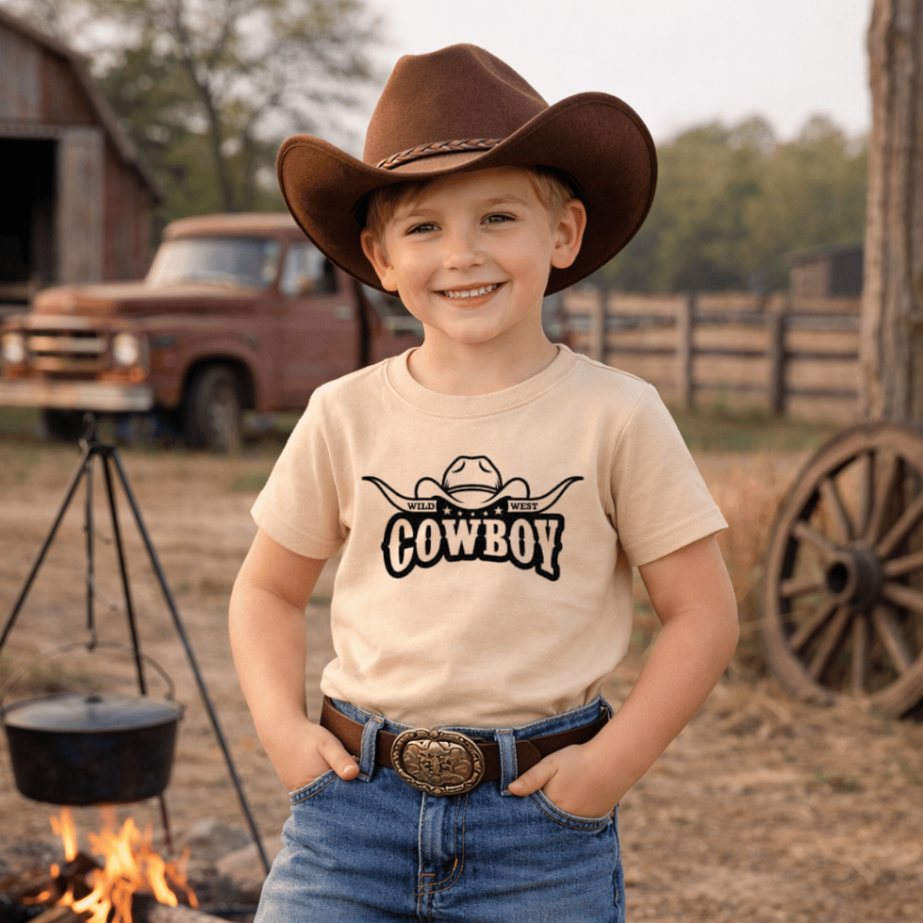 Camisa Infantil Masculina estampada Cowboy em DTF Confortável Camiseta Toque Macio em 100% algodão