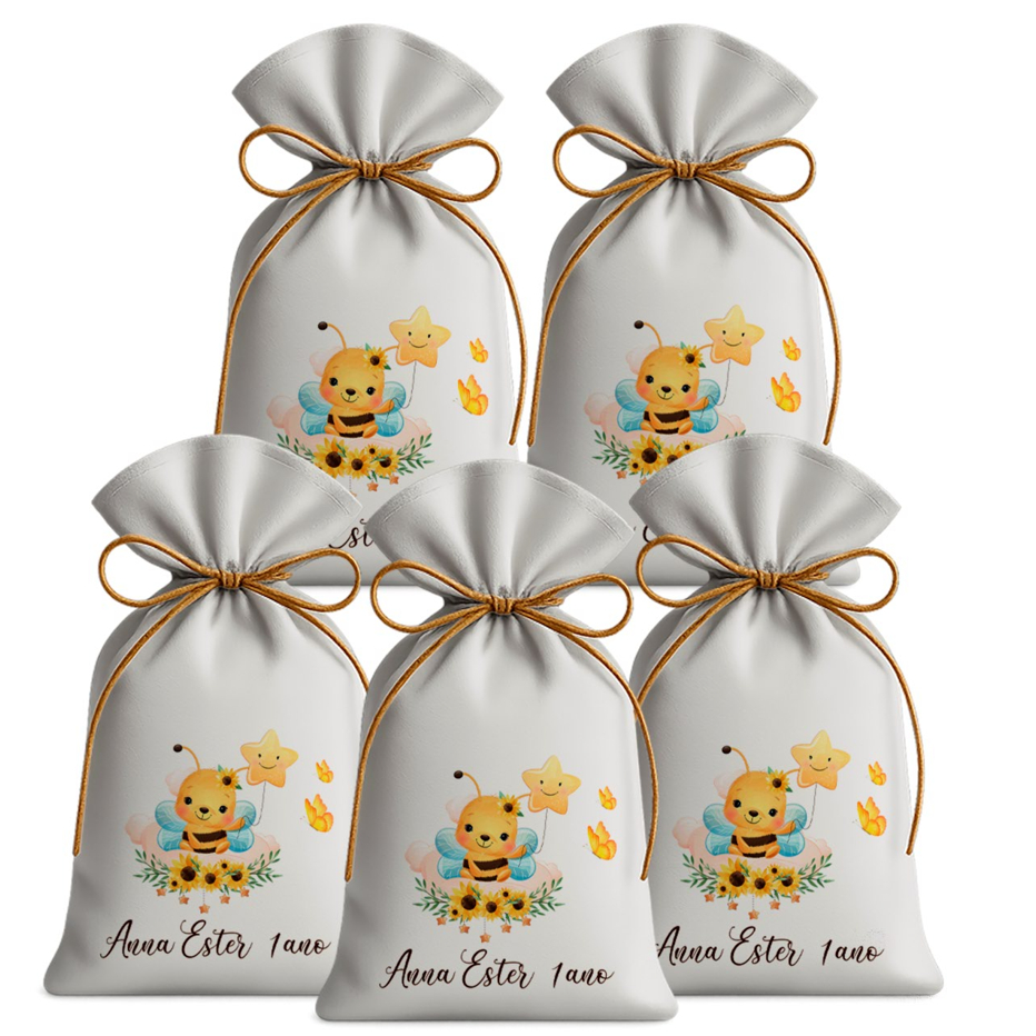Saquinho Sacolinha Lembrancinha Festa Aniversário Infantil Tecido Personalizado Abelhinha Jardim Encantado