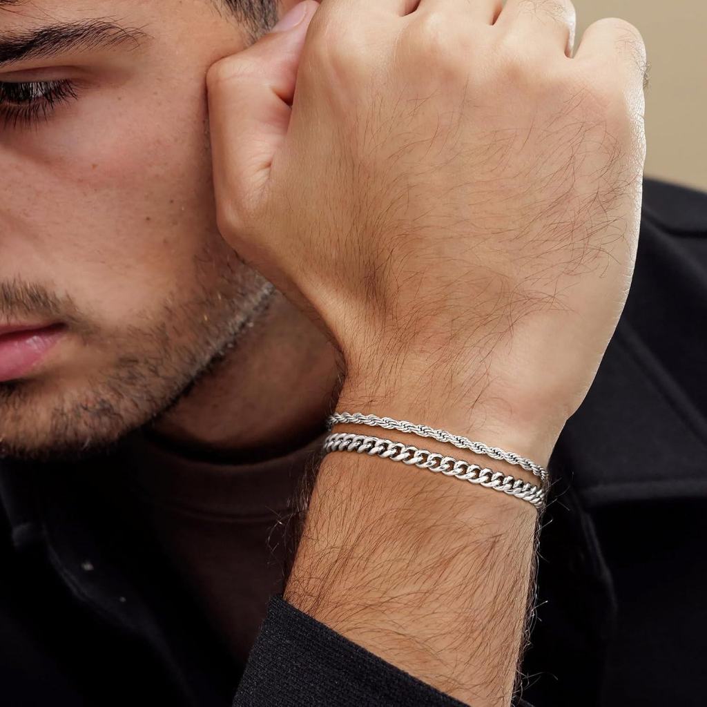 Kit 2 Pulseiras Masculinas Prata de Aço Inoxidável Elo Grumet Cordão Baiano 20cm