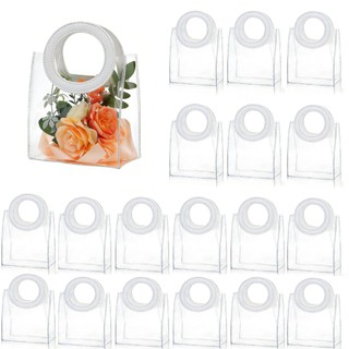 12/24 Pcs Sacola de Presente PVC Transparente com Alça para Embalagem de Flores Festa Aniversário Natal