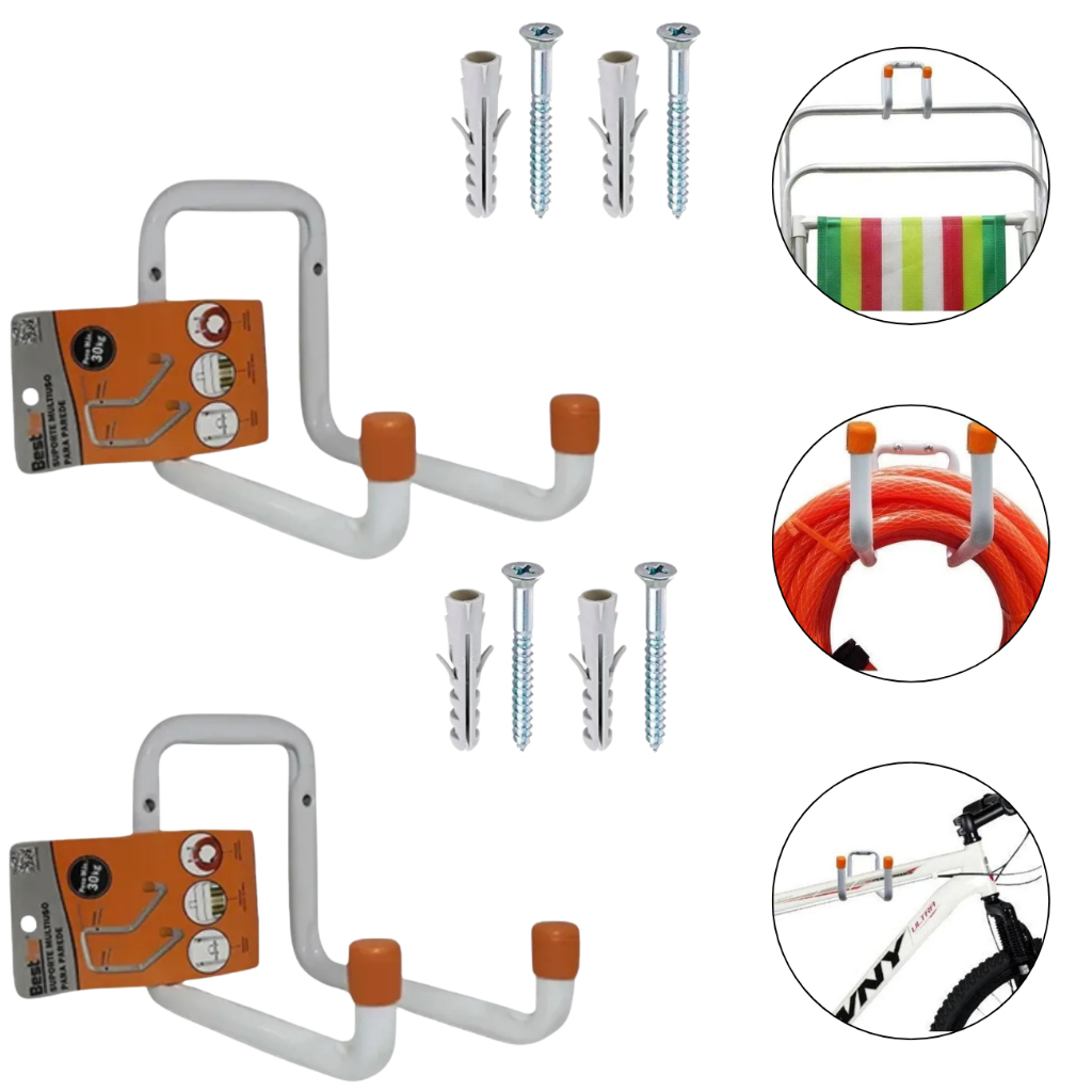 Kit 2 Suporte Gancho Multiuso Para Pendurar Escada Bicicleta Mangueira Bike Na Parede